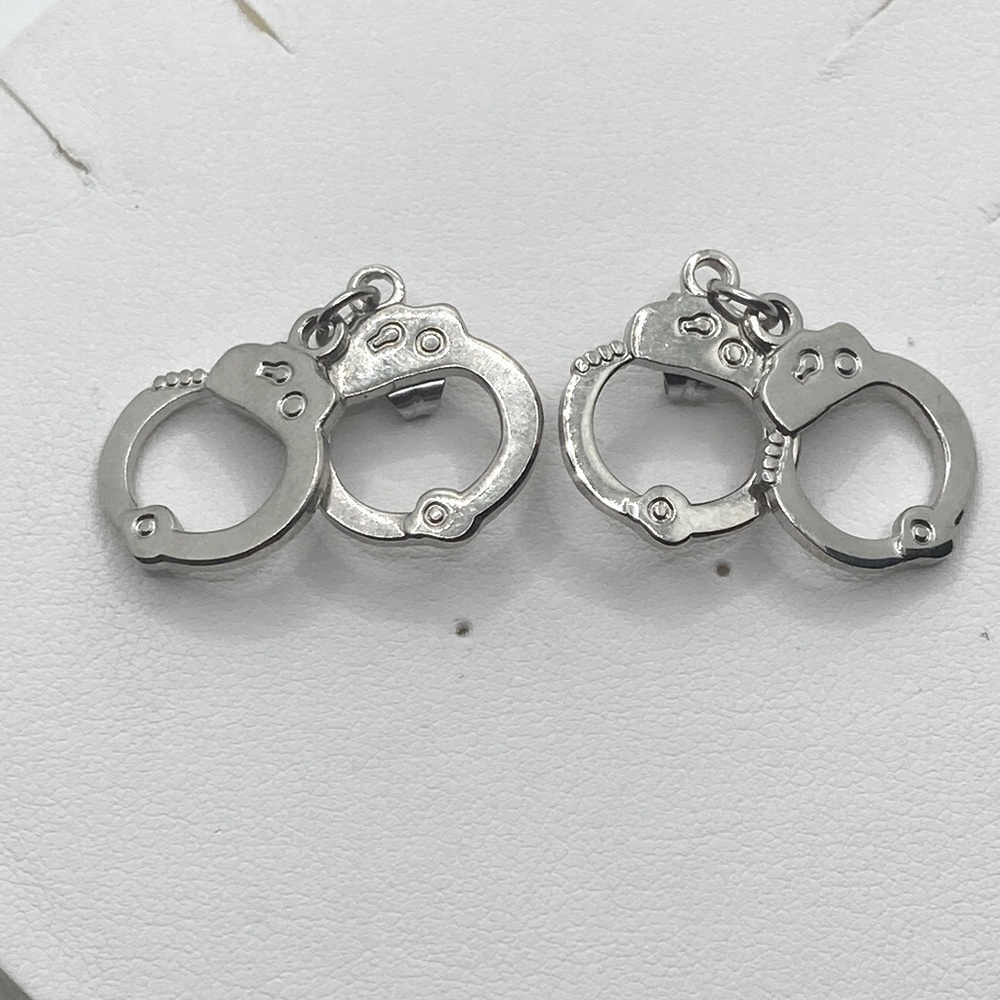 Silver Tone Handcuffs Stud Earrings .9”